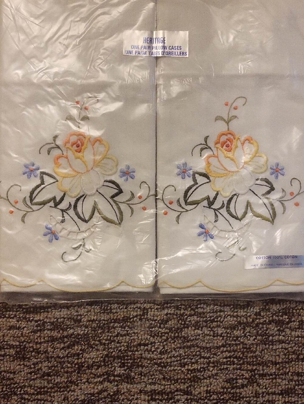 Heritage Embroidered Floral Pillowcases - White with Yellow & Green Accents